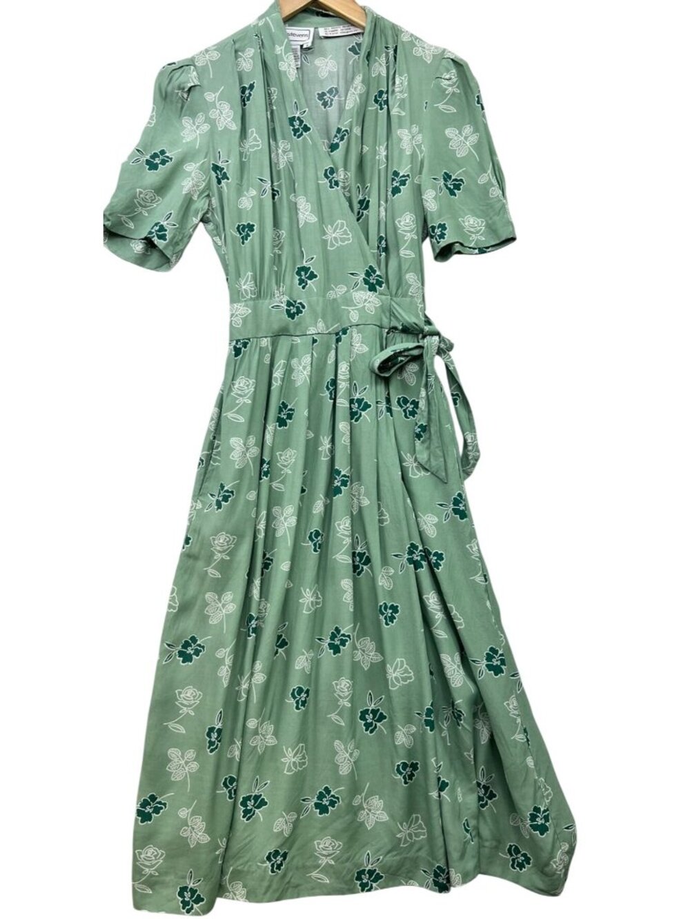 Karin Stevens Women's Wrap V Neck Midi Dress Tie Waist Size 6 Green Floral Print